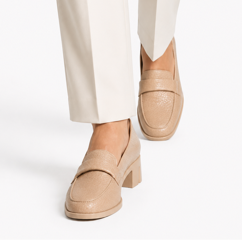 Penny Loafer Block Heel - Beige