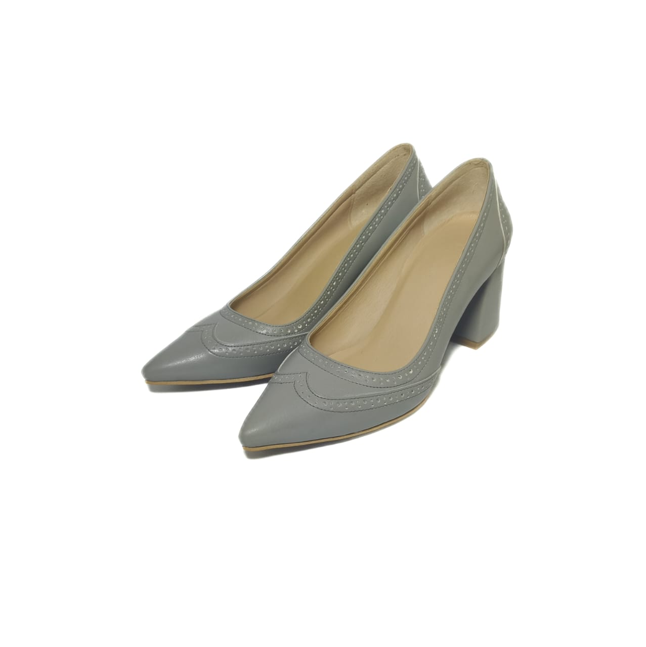 Grey Brogue pump 7cm Block heels