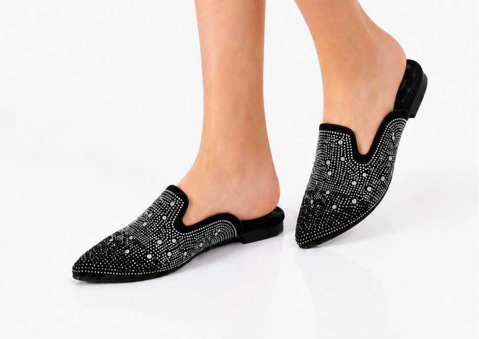 Midnight Crystal Flat Mule – Black