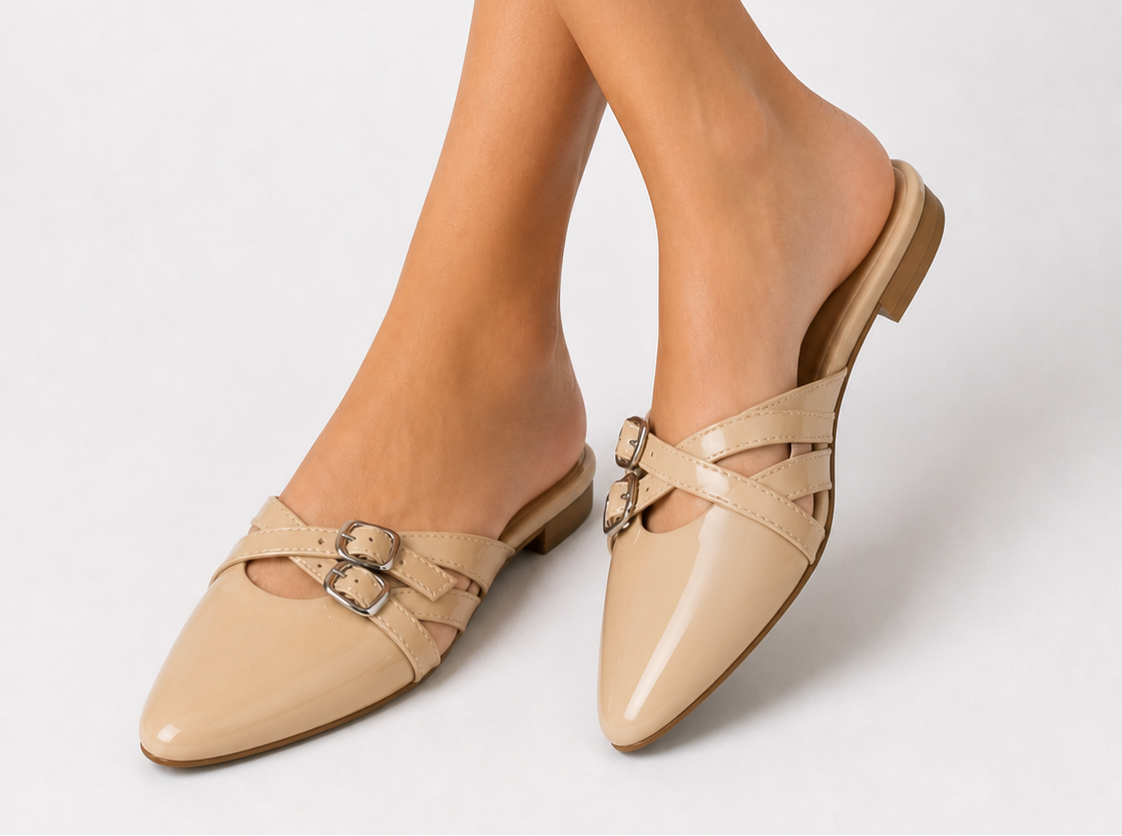 Modern Buckle Flat Mule - Beige
