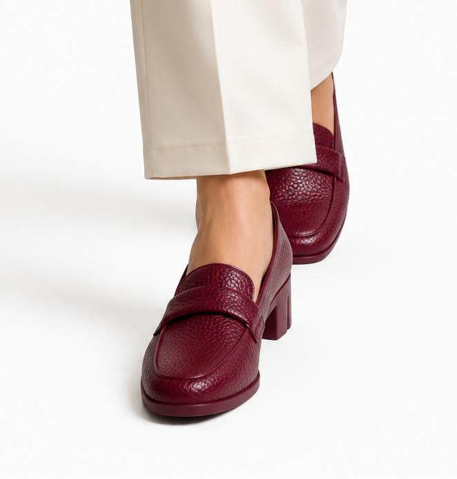 Penny Loafer Block Heel - Burgundy