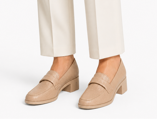Penny Loafer Block Heel - Beige