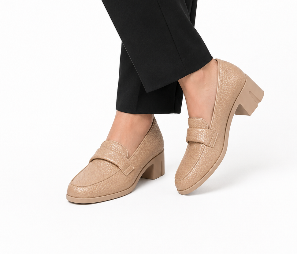 Penny Loafer Block Heel - Beige