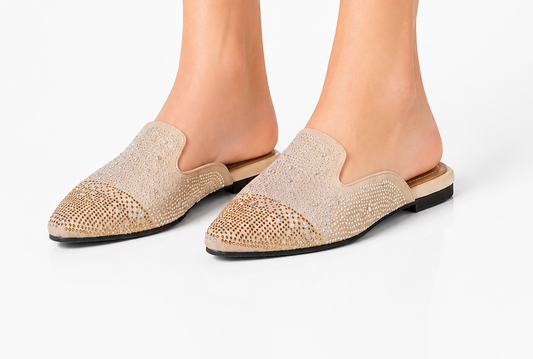 Midnight Crystal Flat Mule – Beige