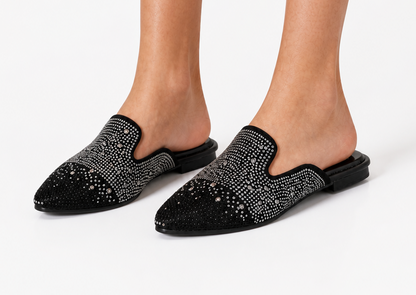 Midnight Crystal Flat Mule – Black