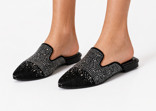 Midnight Crystal Flat Mule – Black