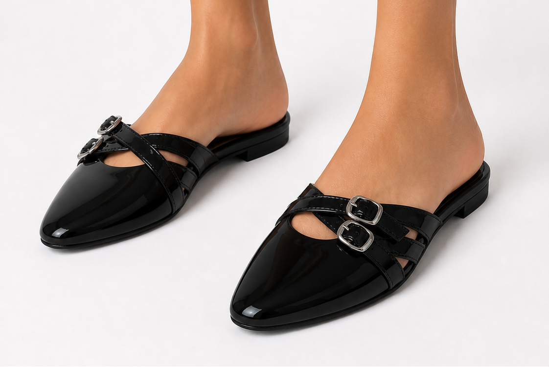 Modern Buckle Flat Mule - Black