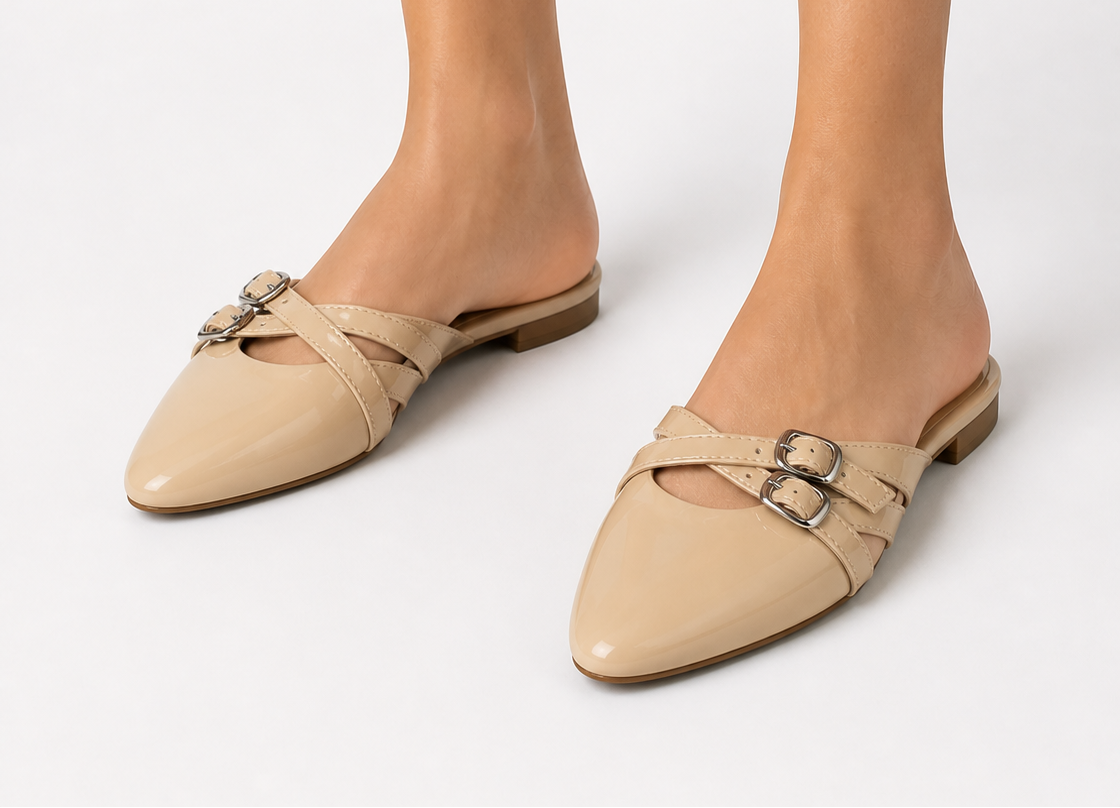 Modern Buckle Flat Mule - Beige