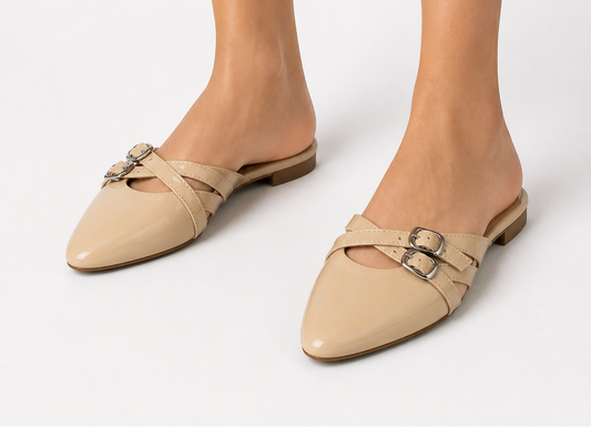 Modern Buckle Flat Mule - Beige