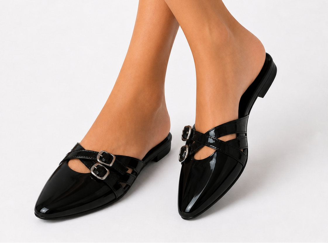 Modern Buckle Flat Mule - Black