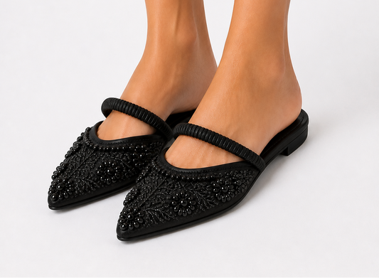 Noir Embellished Strap Mule