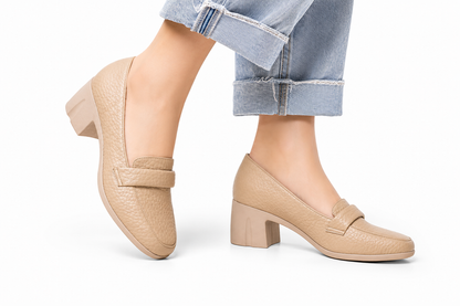 Penny Loafer Block Heel - Beige