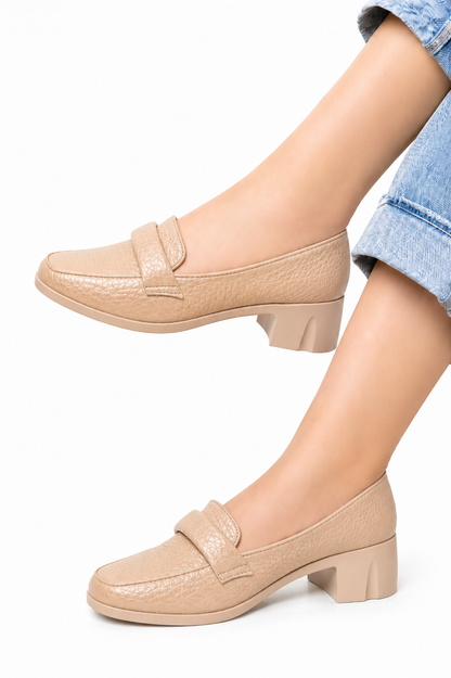 Penny Loafer Block Heel - Beige
