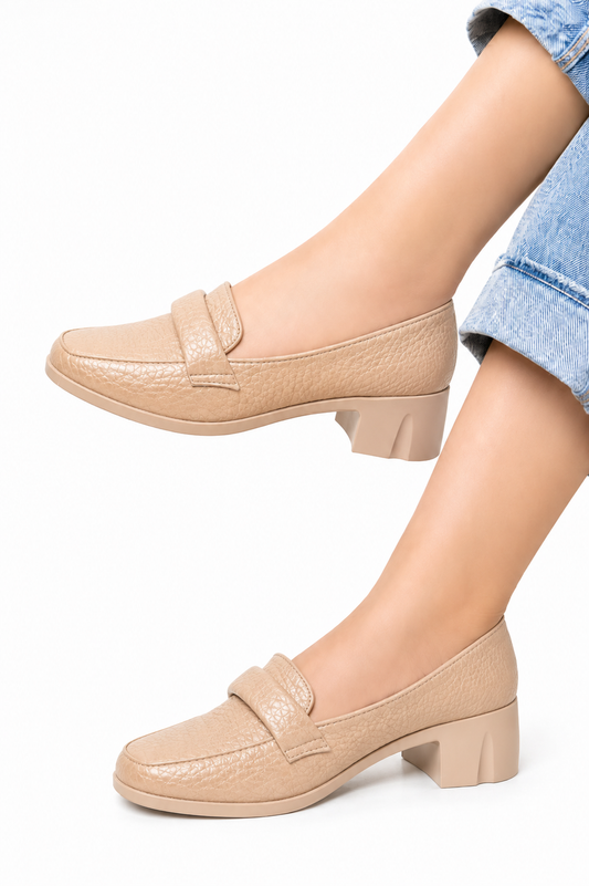 Penny Loafer Block Heel - Beige