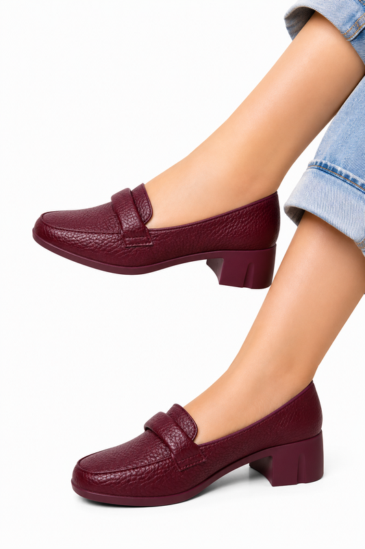 Penny Loafer Block Heel - Burgundy